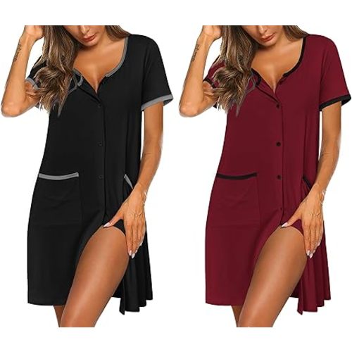 Ekouaer Nightgowns for Women 2 Pack Button Down Sleep Shirts Short Sleeve Nightshirt Sleepwear House Dress with Pockets