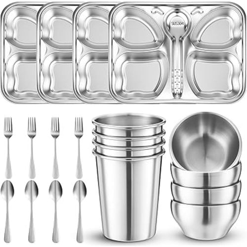 Jinei 20 Pieces Kids Stainless Steel Plates Bowls Set, Butterfly Shaped