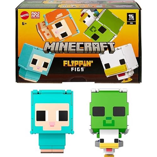 Mattel Minecraft Flippin’ Figs 2-Pack Action Figures, Set with Sheep & Chicken Jockey with 2-in-1 Fidget Play, 3.75-inch Scale, Large Heads & Pixelated Design