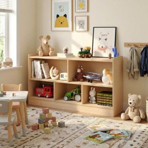 Wooden Kids 5-Section 2-Tier Open Storage Shelf, Solid Wood Bookcase Organizer with Anti-Tipping Design for Playroom Bedroom Nursery