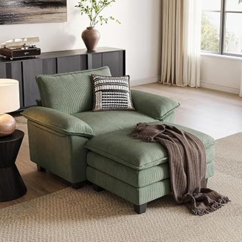 LINSY HOME Cloud Sofa Accent Chair with Ottoman Chaise Lounge Chair Indoor, Corduroy Couch Sofa Chair Perfect for Living Room, Apartment, Office, Green