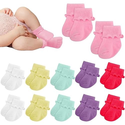 Toulite 12 Pairs Preemie Newborn Baby Ankle Socks Ruffle Turn Cuff Cotton Non-slip Warm Socks for Girls and Boys Infant