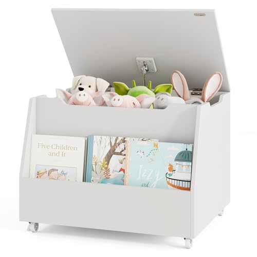 Costzon Kids Toy Box, Wooden Mobile Toy Storage Organizer with Bookshelf & Lockable Wheels for Girls Boys, Toy Storage Chest Bench for Toddler Room, Playroom, Bedroom, Living Room, Nursery