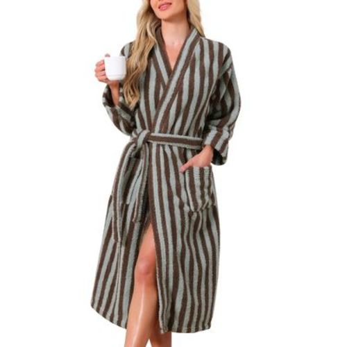 INSPIRE CHIC Women's Striped Bathrobe Midi Belt Closure Warm Fleece Fluffy Short Plush Robes