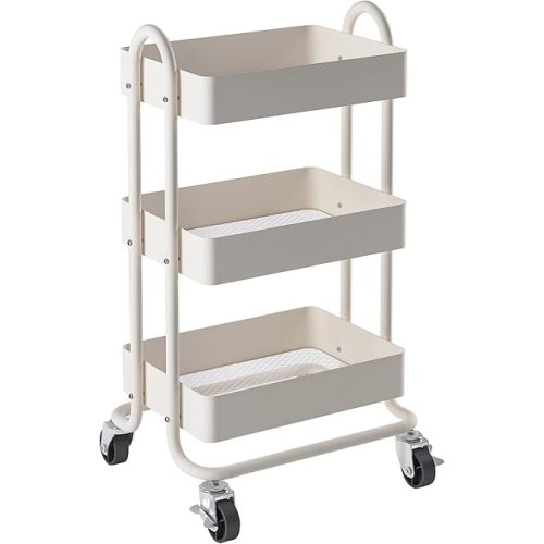 Metal Rolling Cart,3-Tier Metal Rolling Cart with Wheels,3 Tier Utility Cart with Wheels for Office,Home,Kitchen,Garden（13.4"x18.1"x31"） White