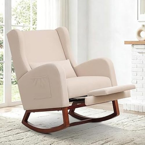 Nursery Rocking Chair,Rocking Chair with Foot Rest,Nursery Rocker Comfy Glider Nursing Chair with Back Pillow for Living Room,Bedroom,Beige