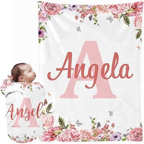 EVER2000 Personalized Baby Blanket for Girls, Custom Floral Baby Blanket with Name, Soft & Fuzzy Newborn Receiving Blankets for Toddler, Customized Baby Gifts for Birthday Baby Shower