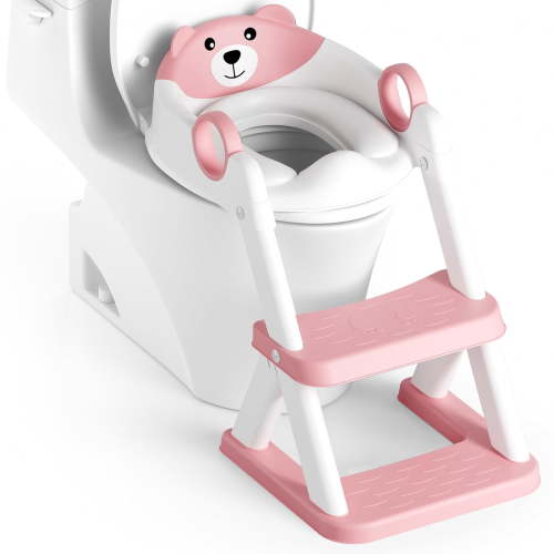 Pink Potty Training Seat Upgrade 2 in 1 Toddler Toilet Seat for Kids Boys Girls with Splash Guard Anti Slip Pad and Step Stool