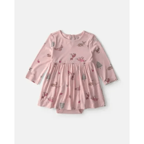 Baby Girl Woodland PurelySoft™ Long-Sleeve Bodysuit Dress - Pink | Carter's