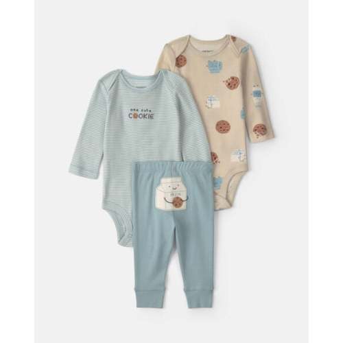 Baby Boy 3-Piece Milk & Cookies Long-Sleeve Bodysuit & Pant Set - Blue/Cream | Carter's