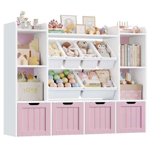 Hiphuta 3 Tier Kids Bookcase with Toy Storage Organizer, Wood Toy Organizer of 6 Boxes & 4 Removable Drawers, Pink