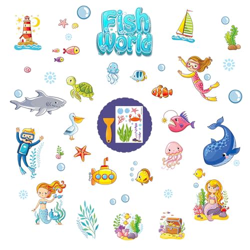PRATIQUE Non Slip Bathtub Stickers, 6 Pages Fish World Underwater Sea Organism Adhesive Kids Anti Slip Decal Threads for Shower Floor and Bath Tub Decals with Premium Scraper