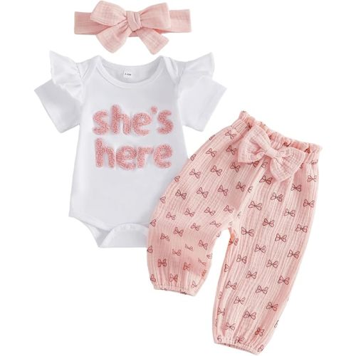 Aunties Bestie Baby Clothes Newborn Baby Girl Short Sleeve She Is Here Romper Bow Pants Set Infant Toddler Outfits