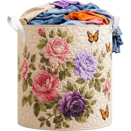 Quilted Laundry Basket with Handles, Soft Foldable Storage Hamper for Clothes & Toys, Boho Floral Basket for Bedroom & Bathroom (StyleB)