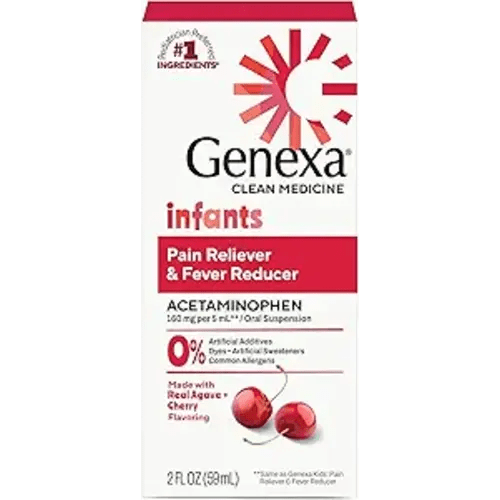 Genexa Infants' Clean Acetaminophen | Pediatrician Preferred Ingredients | Pain Reliever & Fever Reducer for Babies| Dye Free, 0% Artificial Additives | Delicious Organic Cherry Flavor, 2 fl oz