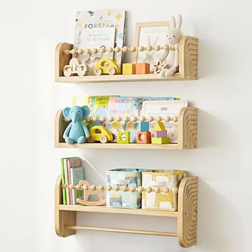 SAG's store Floating Nursery Shelves - Set of 3 Natural Wood Wall-Mounted Bookshelves for Kids Room, Baby Room, Nursery Decor - 15.7" Wide, Solid Wood Shelves for Books, Toys, and Decor Storage