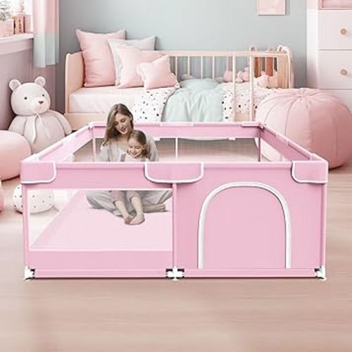 Baby Playpen, Baby Playard for Babies and Toddlers, BabyFence Play Pens for Indoor & Outdoor, Sturdy Safety Play Yard with Soft Breathable Mesh, Anti-Fall, 50 * 50 * 27 inches, Pink