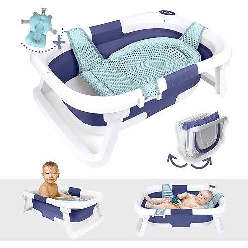 Collapsible Baby Bathtub – Bathtub + Baby tub Sling + Newborn Sling – Baby Bathtub Newborn to Toddler 0-24 Months – The Ultimate Travel Baby Bath Tub and Everyday Use! (Blue)