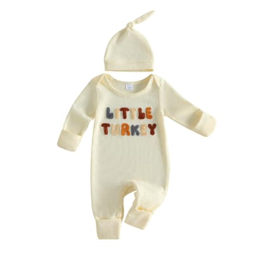 Newborn Baby Boy Thanksgiving Outfit Waffle Little Turkey Romper and Hat | Newborn Baby Boy Waffle Letters Little Turkey Embroidery Romper Onesie and Hat My First Thanksgiving Baby Boy Outfit