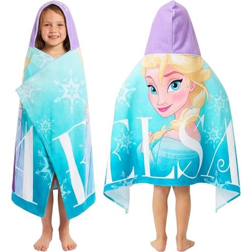 Disney Frozen Bath Towels with Hood for Girls, Soft Absorbent Cotton Beach Towel, Swimming Pool Hooded Poncho, Shower Bath Travel Elsa Anna for Girls Ages 2-6 (Blue Frozen)