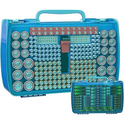 Battery Organizer Storage Case with Tester, Holds 269 Batteries Double Sided Box for AA AAA 4A C D Cell 9V 3V Lithium LR44 CR2 CR123 CR1632 18650 Button, Heavy Duty Holder- Blue Case+Green Handle