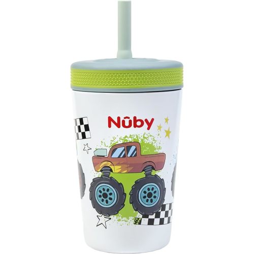 Nuby Thirsty Kids - Taza aislada para niños pequeños con popote flexible de silicona, 12 onzas, acero inoxidable y resistente a fugas, más de 18 meses, Monster Trucks