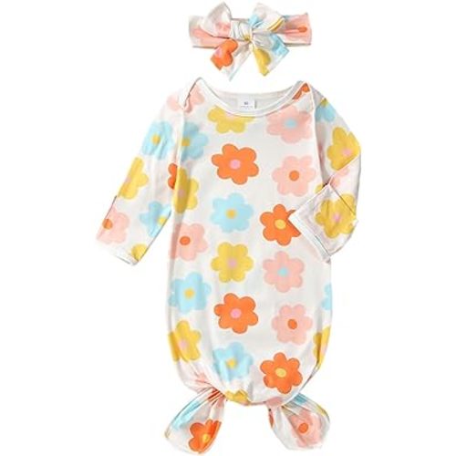 Baby Sleep Gown 0-3 Month, Two-piece Soft Newborn Sleep Gown, Cow Strawberry Flower Nightgown with Headband