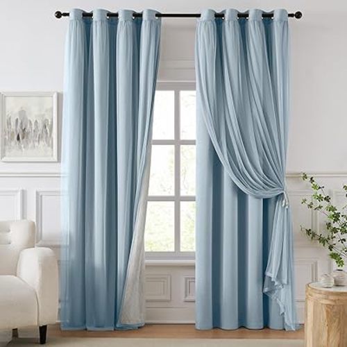 100% Blackout Curtains for Bedroom, Double Layer Blue Curtains, Black Out Curtain 72 inch Long with Sheer Overlay for Living Room, Room Darkening Window Drapes with Grommet, 52" W x 72" L
