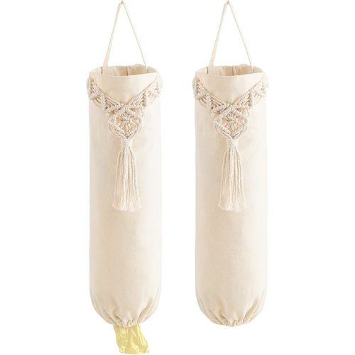 Mkono 2 Pack Macrame Plastic Bag Holder Grocery Bags Organizer Trash Bag Dispenser Camper Boho Decor Shopping Bag Storage for Kitchen Closet Pantry Laundry Room, Ivory, 9”W x 21”L