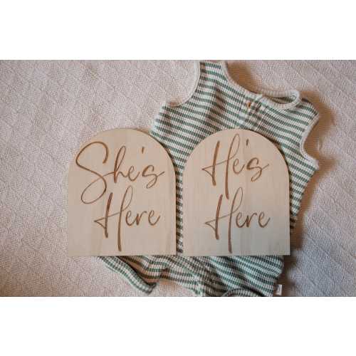 Reversible She's Here He's Here Wooden Engraved Sign, Suprise Gender Reveal Photo Prop, Boy or Girl gift, Baby Shower Gift, Announce Gender
