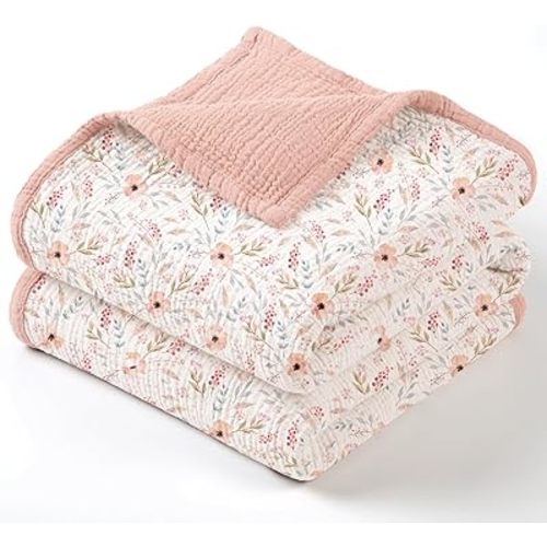 lulumoon Muslin Baby Blanket for Girls - Soft Cotton for Newborn - 4 Layer Reversible Breathable Floral Receiving Blanket for Nursery Crib and Stroller 47"x47" (Pink Flower)