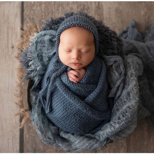 Steel Blue Knit Bonnet, Sleepy Cap, Swaddle Wrap, Layering Blanket Set Merino Wool Bump Layer Baby Boy Newborn Photography Photo Prop