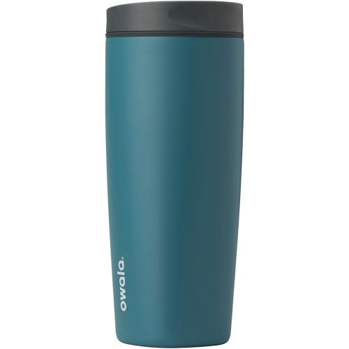 Owala SmoothSip Slider Insulated Stainless Steel Coffee Tumbler, Reusable Iced Coffee Cup, Hot Coffee Travel Mug, BPA Free 20 oz, Grey/Blue (High Dive)