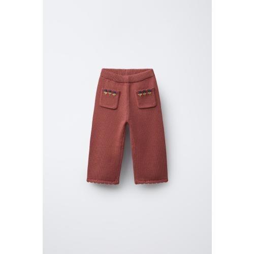 EMBROIDERED FLORAL KNIT PANTS - Clay | ZARA United States