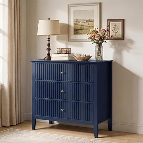RoyalCraft 32" Large Nightstand, Fluted Painted Wood Dresser with 3 Spacious Drawers, Blue Modern Bedside Table for Bedroom