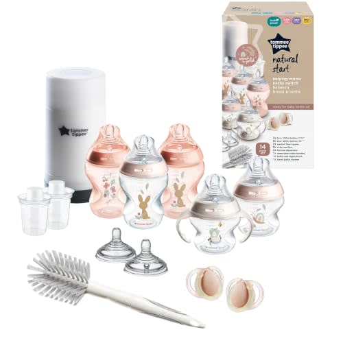 Tommee Tippee Natural Start Bottle, Warmer & Pacifier Set, 0m+, Pink | 14 Pieces, 5 BPA Free Bottles, Travel Bottle Warmer, 2 Newborn Pacifiers, 2 Extra Nipples, 2 Formula Dispensers, Bottle Brush