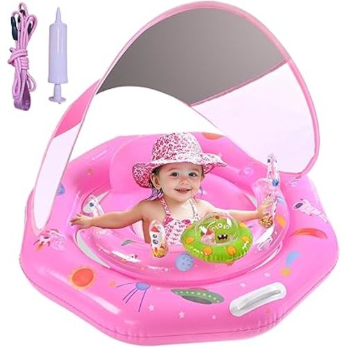 Baby Pool Float for 6-36 Months | Extra Wide Infant Pool Float with UPF50+ Sunshade & Toy Play Console | Baby Floatie with Adjustable Safety Seat, Detachable Canopy, Secure Handle & Safety Leash