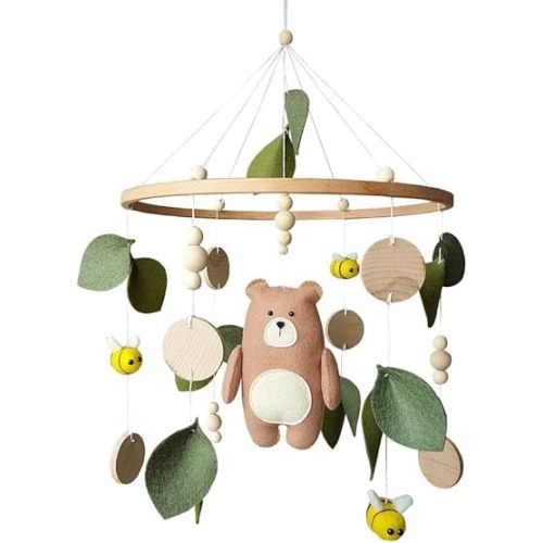 Woodland Bear and Bee Baby Mobile – Nature Nursery Crib Decor – Felt Animal Mobile with Leaves and Wooden Beads – Neutral Baby Shower Gift – Forest Style Hanging Mobile for Baby Room