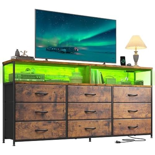 Romorgniz 55" W Dresser for Bedroom with 9 Drawers LED TV Stand with Power Outlets for 45, 55, 65 Inch TV Sturdy Long Chest of Drawers with Extra 2 Wooden Shelves Steel Frame Rustic Brown