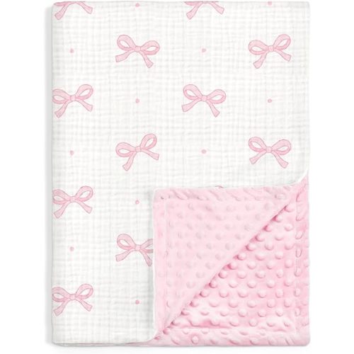 Bow Baby Blankets for Girls, Soft Nursery Minky Blankets with Muslin and Dotted Fleece Back 30x40 inches, Receiving Bed Quilt for Newborn, Infants, Toddlers