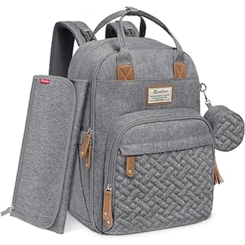 RUVALINO Diaper Bag Backpack, Multifunction Travel Pack Maternity Baby Changing Bags, Large Capacity, Waterproof, Gray