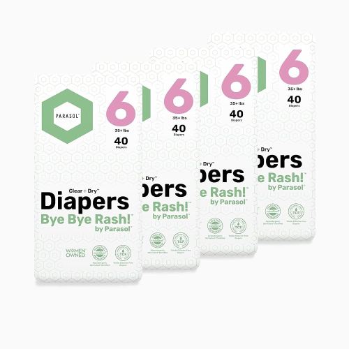 Parasol Clear+Dry Disposable Diapers, RashShield Protection and Leak-Control Fit, Hypoallergenic Diapers, Size 6 (35 Pounds and Up), 160 Count