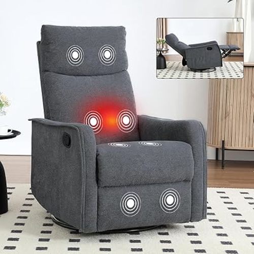 Rocking Recliner Chair with Heat and Massage, 360° Swivel Glider Rocker with Reclining Backrest and Footrest, Modern Nursery Rocking Chairs for Adults for Bedroom, Living Room, Office (Grey)