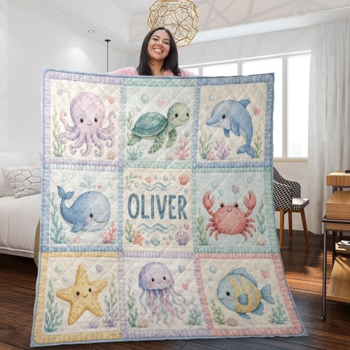 Personalized Ocean Baby Quilt Blanket, Custom Sea Animals Nursery Blanket, Under The Sea Baby Shower Gift for Boys & Girls