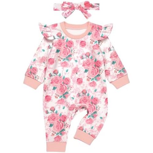 Lattlefnki Newborn Baby Girl Romper Baby Girl Coming Home Outfit Long Sleeve Ruffle Jumpsuit Print Bodysuit+Headband