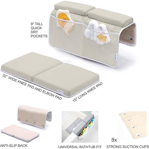 Bath Kneeler with Elbow Rest Pad Set, 1.75 inch Thick Kneeling Pad and Elbow Support for Knee Arm Support, Large Bathtub Kneeling Mat with Toy Organizer for Happy Baby Bathing Time, Beige