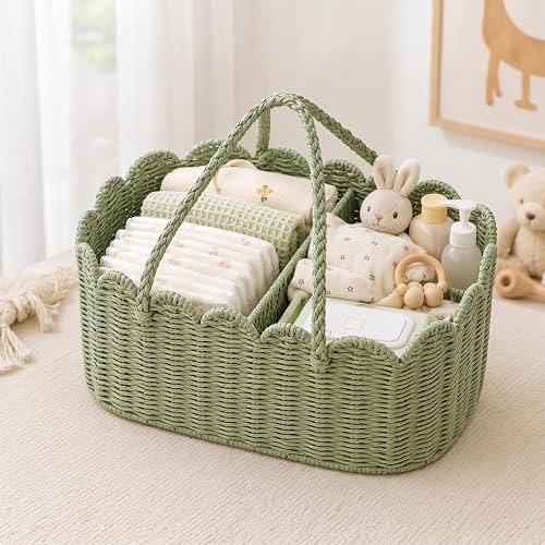 Woven Rattan Diaper Caddy Organizer Sage Green Scalloped Basket