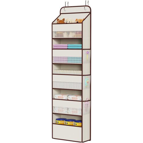 Univivi 1 Pack Over The Door Organizer, Non-Tilting Over The Door Organizer Hanging Door Storage With 5 Large Compartments 6 Side Pockets for Nursery Storage (Beige)
