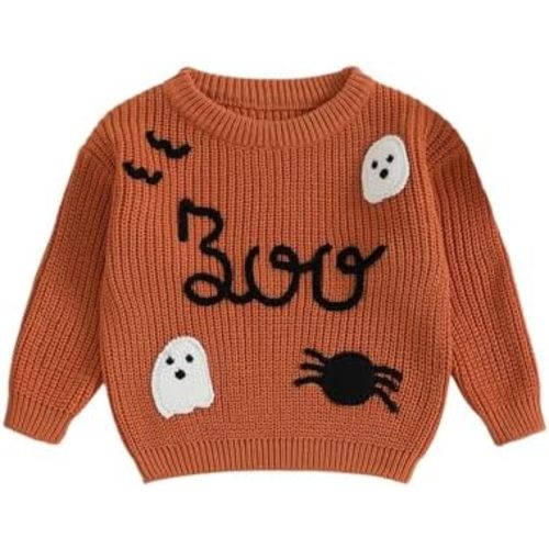 Infant Toddler Baby Boy Girl Halloween Outfit Boo Ghost Embroidery Long Sleeve Knit Pullover Sweater Fall Clothes
