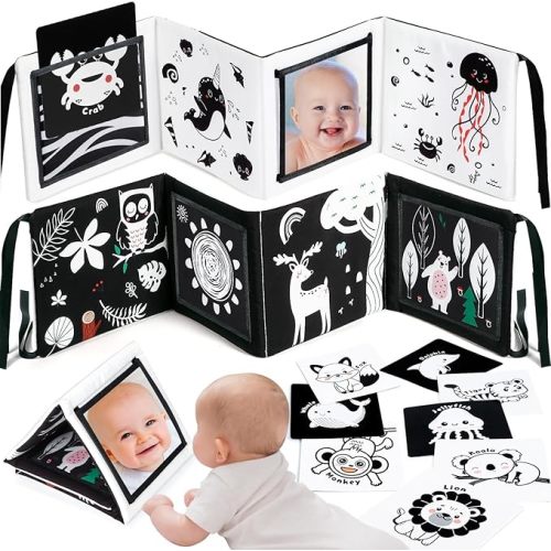 URMYWO Tummy Time Mirror Toys, Visual Stimulation Learning Cards, High Contrast Black and White Baby Toys for Newborn, Soft Baby Book for infant 0-12 Months, Baby Boy Girl Shower Gift Stocking Stuffer